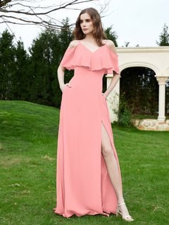 Floor-length V-neck Ruffles Chiffon A-line Dress Flamingo