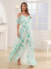 Floor-length V-neck Ruffles Chiffon A-line Dress Mint Marble
