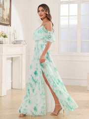 Floor-length V-neck Ruffles Chiffon A-line Dress Mint Marble
