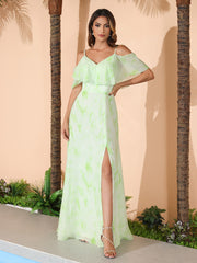 Floor-length V-neck Ruffles Chiffon A-line Dress Sage Dream