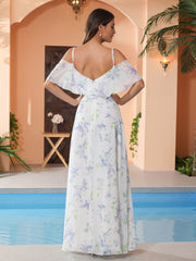 Lavender Floral Floor-length V-neck Ruffles Chiffon A-line Dress