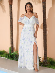 Lavender Floral Floor-length V-neck Ruffles Chiffon A-line Dress