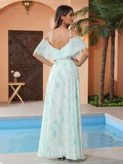 Floor-length V-neck Ruffles Chiffon A-line Dress Minty Cloud