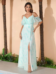 Floor-length V-neck Ruffles Chiffon A-line Dress Minty Cloud