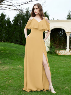 Floor-length V-neck Ruffles Chiffon A-line Dress Gold