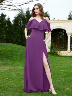 Floor-length V-neck Ruffles Chiffon A-line Dress Grape