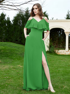 Floor-length V-neck Ruffles Chiffon A-line Dress Green