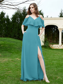 Floor-length V-neck Ruffles Chiffon A-line Dress Jade