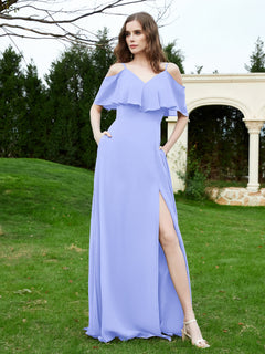 Floor-length V-neck Ruffles Chiffon A-line Dress Lavender