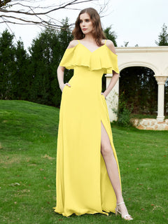 Floor-length V-neck Ruffles Chiffon A-line Dress Lemon
