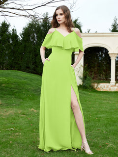 Floor-length V-neck Ruffles Chiffon A-line Dress Lime Green