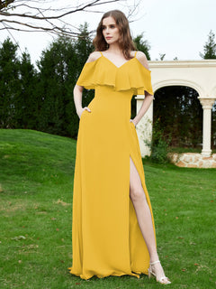 Floor-length V-neck Ruffles Chiffon A-line Dress Marigold