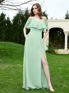 Floor-length V-neck Ruffles Chiffon A-line Dress Mint Green