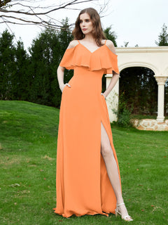 Floor-length V-neck Ruffles Chiffon A-line Dress Orange