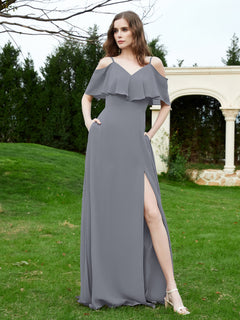 Floor-length V-neck Ruffles Chiffon A-line Dress Steel Grey