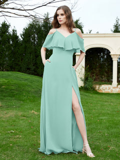 Floor-length V-neck Ruffles Chiffon A-line Dress Turquoise