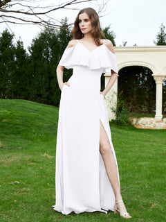 Floor-length V-neck Ruffles Chiffon A-line Dress White