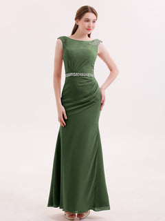 Chiffon Sheath Dress with Beaded Waistband-Olive Green