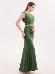 Chiffon Sheath Dress with Beaded Waistband-Olive Green