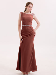 Chiffon Sheath Dress with Beaded Waistband-Terracotta