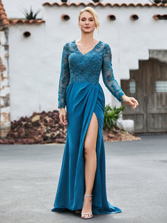 V-Neck Lace Top High Slit Pleated Dress Peacock