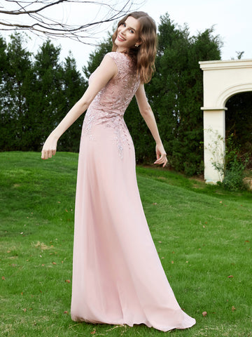 Full Length Chiffon Gowns with Illusion Neck Dusty Rose Plus Size