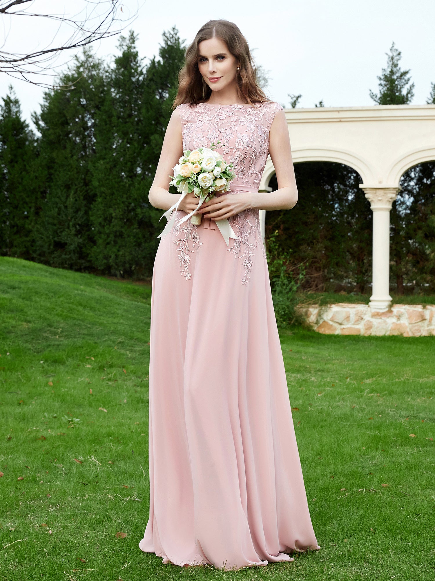 Chiffon and Lace Appliqued Long Dresses Dusty Blue