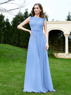 Elegant Illusion Lace Appliqued Dress With Buttons Blue