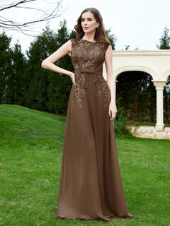 Elegant Illusion Lace Appliqued Dress With Buttons Brown