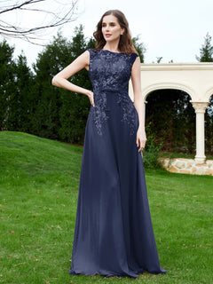 Elegant Illusion Lace Appliqued Dress With Buttons Dark Navy