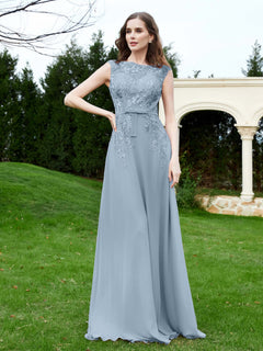 Elegant Illusion Lace Appliqued Dress With Buttons Dusty Blue