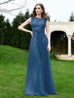 Elegant Illusion Lace Appliqued Dress With Buttons Ink Blue