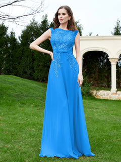 Elegant Illusion Lace Appliqued Dress With Buttons Ocean Blue
