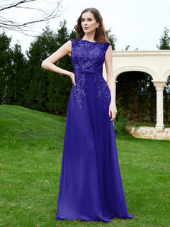 Elegant Illusion Lace Appliqued Dress With Buttons Royal Blue