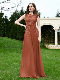 Elegant Illusion Lace Appliqued Dress With Buttons Rust