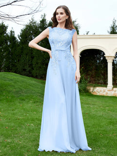 Elegant Illusion Lace Appliqued Dress With Buttons Sky Blue
