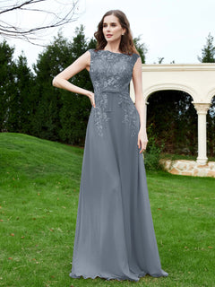 Elegant Illusion Lace Appliqued Dress With Buttons Slate Blue