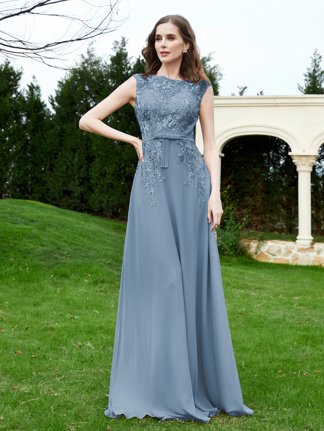 BABARONI Chiffon Slate Blue Bridesmaid Dresses Illusion Floor-length