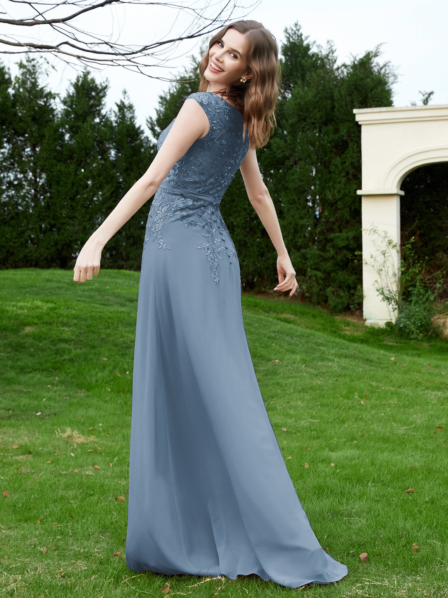BABARONI Chiffon Slate Blue Bridesmaid Dresses Illusion Floor-length