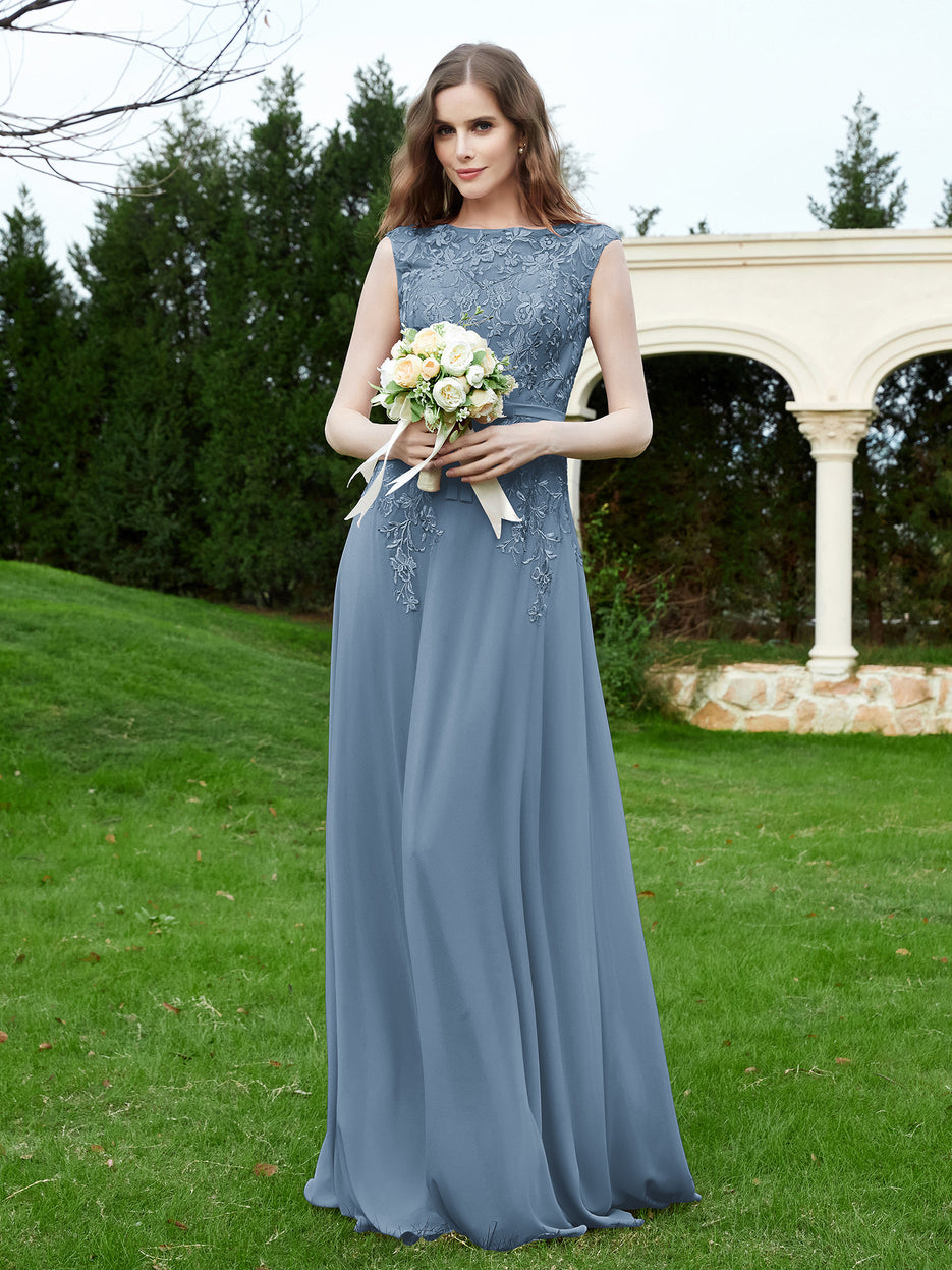 Chiffon and Lace Long Dresses with Illusion Neck Slate Blue Plus Size