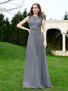 Elegant Illusion Lace Appliqued Dress With Buttons Steel Grey