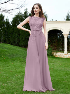 Elegant Illusion Lace Appliqued Dress With Buttons Vintage Mauve
