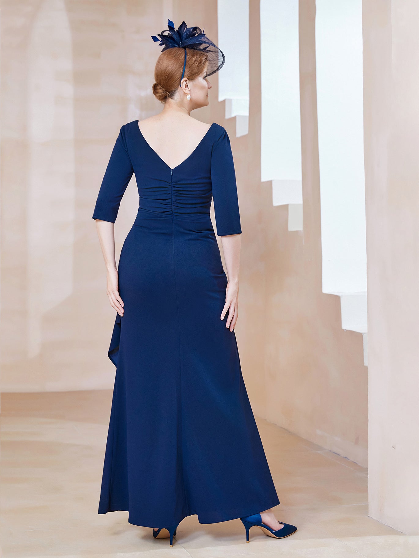 BABARONI Simple Mother of the Bride Dress V-Neck Half Sleeve Stretch Crepe A-Line Gown BABARONI Simple Mother of the Bride Dress V-Neck Half Sleeve Stretch Crepe A-Line Gown