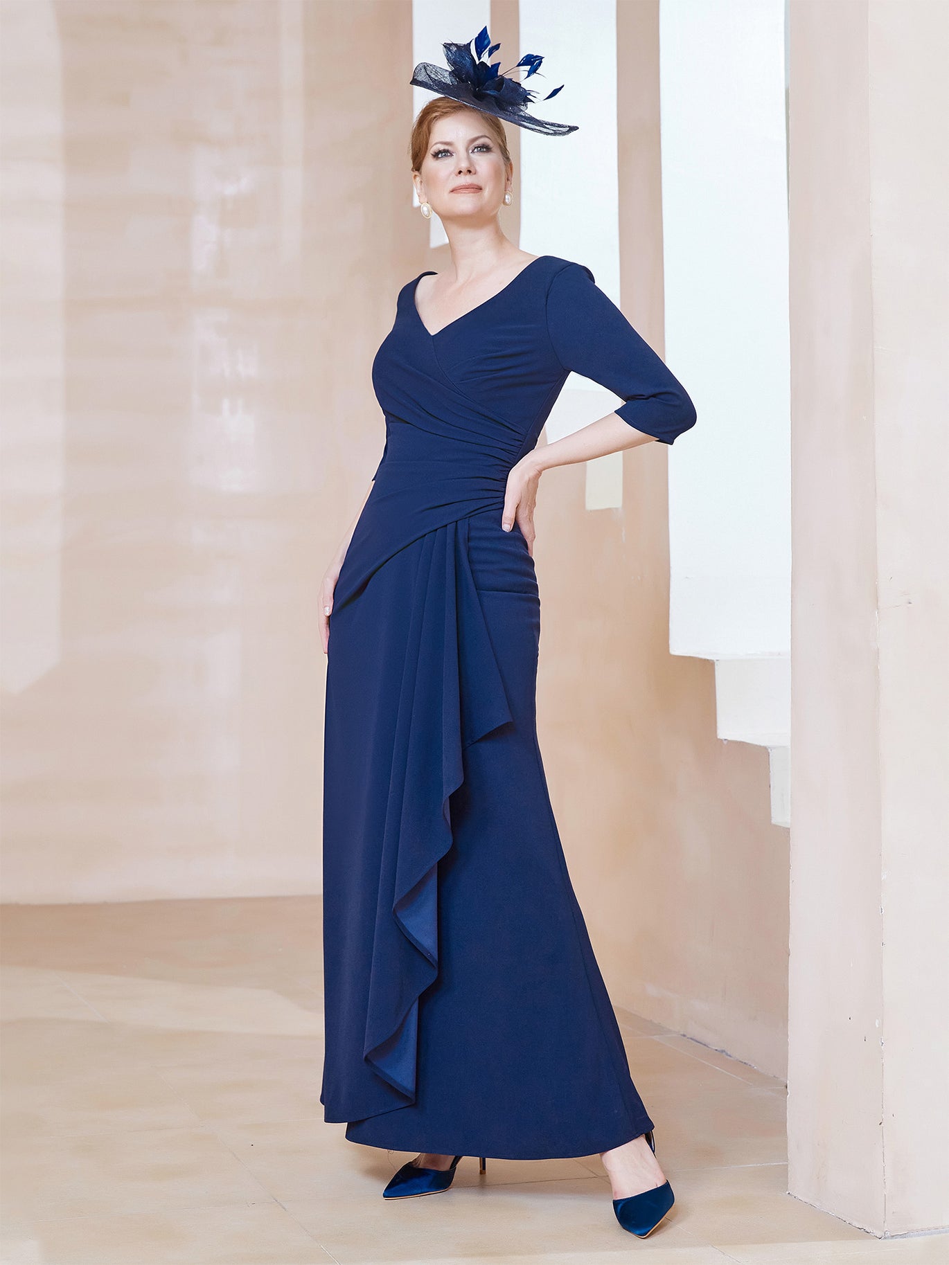 BABARONI Simple Mother of the Bride Dress V-Neck Half Sleeve Stretch Crepe A-Line Gown