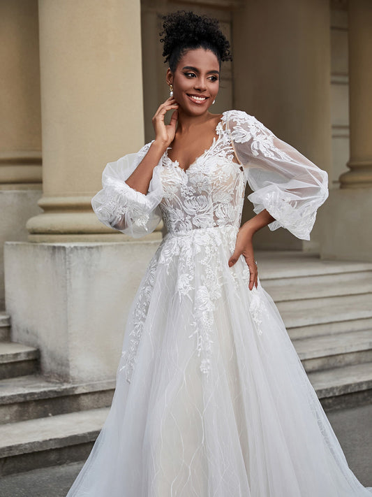Lace Cap Sleeve Tulle Sweep Open Back Wedding Dress, Bowknot