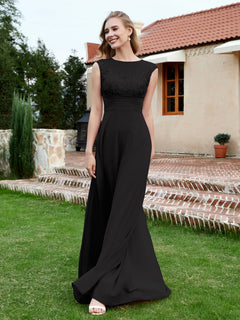 Chiffon And Lace Floor-length A-line Dress Black