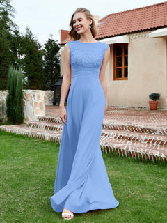 Chiffon And Lace Floor-length A-line Dress Blue