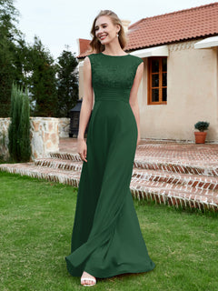 Chiffon And Lace Floor-length A-line Dress Dark Green