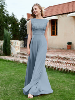 Chiffon And Lace Floor-length A-line Dress Dusty Blue