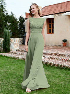 Chiffon And Lace Floor-length A-line Dress Dusty Sage